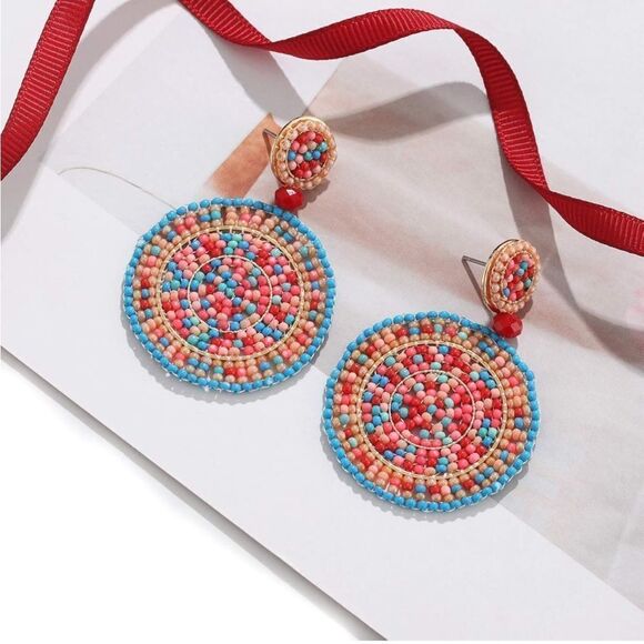 Multicolored Beaded Double Round Disc Boho Drop Statement Post Back Earrings - Picture 4 of 7